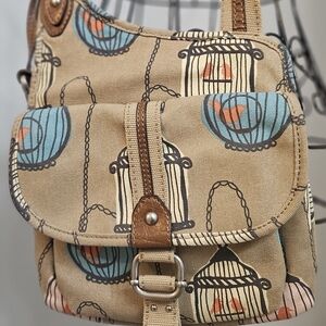 Fossil Tan Canvas Crossbody Bag with Birdcage Design